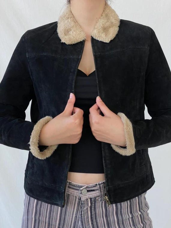 Giacca in pelle scamosciata nera vintage anni '90 per donna Y2K