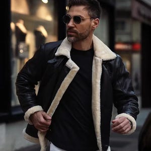 Men&#39;s Real Pure Sheepskin Leather Jacket with Fur Winter Aviator Bomber Coat | Warm B3 Style Genuine Leather Goods Outerwear Shearling Fur