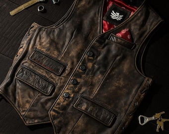 Distressed Brown Leather Biker Vest for Men Vintage Western Style Waistcoat with Satin Lining and Pockets Handmade Cowboy Biker Vest