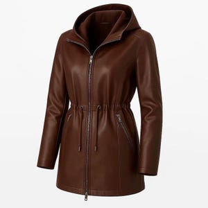 Elegant Fjnbbiot women’s faux leather hooded jacket in rich dark brown featuring a flattering fitted silhouette, adjustable drawstring waist, sleek front zip closure, and modern moto inspired design. This trendy leatherjacket combines vintage biker style aesthetics with contemporary streetwear fashion, perfect for casual chic outfits, fall winter layering, urban everyday wear, and Etsyfashion styling. Inspired by retro moto jacket trends and minimalist women jacket fashion, this stylish faux.