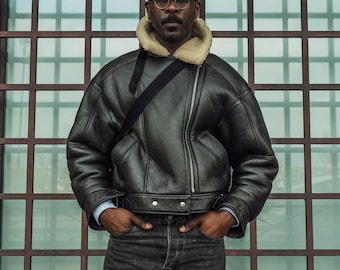 Personalised Handmade Black Leather Shearling Jacket Faux Fur Leather Jacket Heavy Duty Bomber Jacket A2 Aviator Jacket Y2K Fashion For Men