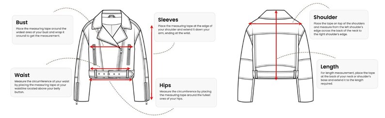 Leather jacket measurement guide and sizing chart for the bright red Avirex Icon leather bomber jacket featuring detailed instructions for measuring bust, waist, hips, sleeves, shoulder, and jacket length. This professional size guide helps achieve the perfect fit for oversized bomber jackets, retro varsity leather jackets, Y2K streetwear outfits, and vintage biker fashion. Ideal reference chart for choosing luxury leather outerwear, hip hop fashion jackets, and trendy urban streetwear pieces.