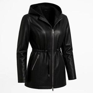 Minimalist black faux leather hooded motorcycle jacket for women featuring a slim fit silhouette, adjustable drawstring waist, silver front zipper closure, and stylish zip pockets. This trendy bikerjacket blends edgy leather jacket aesthetics with modern streetwear fashion, making it perfect for casual outfits, urban style, travel looks, and fall winter layering. Inspired by vintage moto jacket and contemporary women jacket trends, this sleek faux leather coat delivers timeless Etsyfashion.