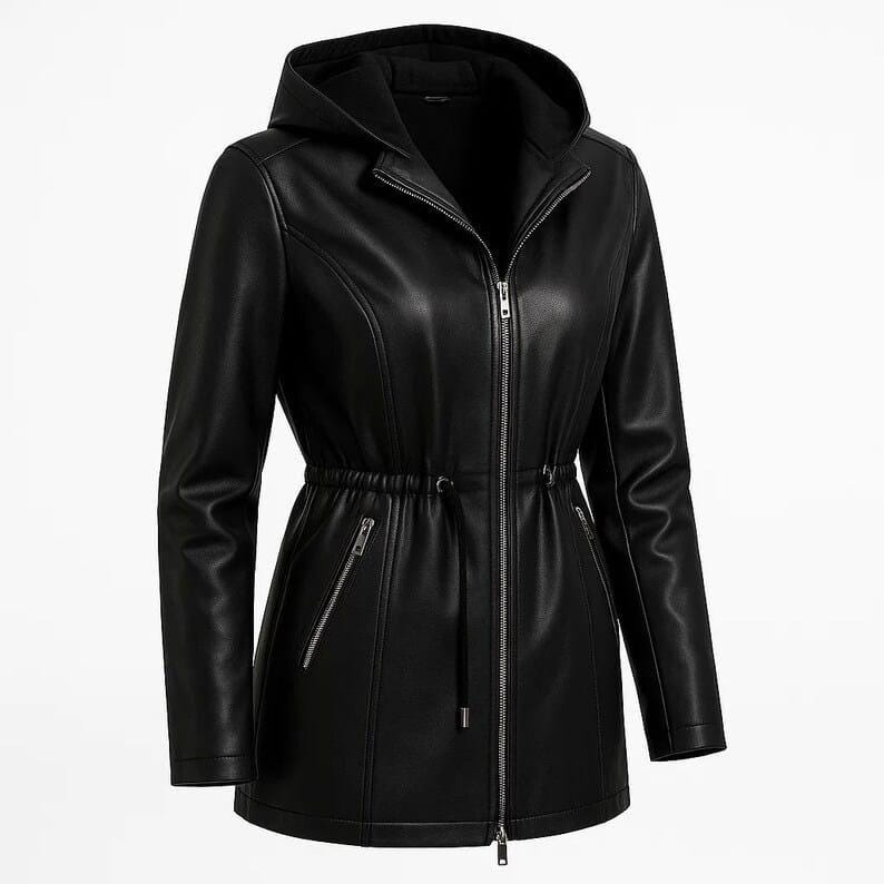 Minimalist black faux leather hooded motorcycle jacket for women featuring a slim fit silhouette, adjustable drawstring waist, silver front zipper closure, and stylish zip pockets. This trendy bikerjacket blends edgy leather jacket aesthetics with modern streetwear fashion, making it perfect for casual outfits, urban style, travel looks, and fall winter layering. Inspired by vintage moto jacket and contemporary women jacket trends, this sleek faux leather coat delivers timeless Etsyfashion.