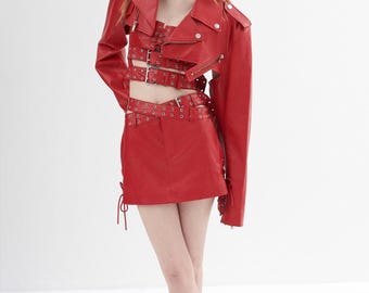 Jaqueta cropped feminina de couro vermelho com forro de pele de carneiro, estilo motociclista, jaqueta cropped festiva, blazer cropped vintage dos anos 80, jaqueta cropped 'Ada' dos anos 80 / tamanho pequeno