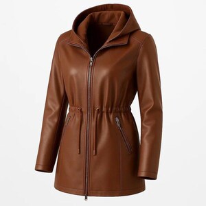 Classic Fjnbbiot women’s faux leather hooded motorcycle jacket in warm cognac brown featuring a fitted silhouette, adjustable drawstring waist, smooth front zipper closure, and sleek zip pockets. This trendy leatherjacket blends vintage biker style with modern streetwear fashion, perfect for fall winter outfits, casual everyday wear, urban chic looks, and Etsyfashion styling. Inspired by retro moto jacket trends and minimalist women jacket aesthetics, elegant faux leather coat.