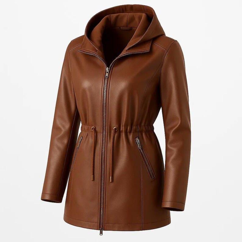 Classic Fjnbbiot women’s faux leather hooded motorcycle jacket in warm cognac brown featuring a fitted silhouette, adjustable drawstring waist, smooth front zipper closure, and sleek zip pockets. This trendy leatherjacket blends vintage biker style with modern streetwear fashion, perfect for fall winter outfits, casual everyday wear, urban chic looks, and Etsyfashion styling. Inspired by retro moto jacket trends and minimalist women jacket aesthetics, elegant faux leather coat.
