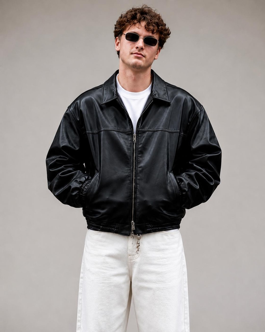 Handmade Vintage Black Leather Bomber Jacket for Mens 90s Retro