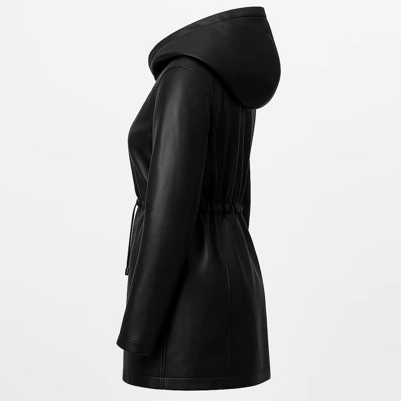 Side profile view of the Fjnbbiot women’s faux leather hooded motorcycle jacket in sleek black featuring a tailored fit silhouette, attached oversized hood, cinched waist detailing, and smooth minimalist design. This trendy leatherjacket blends edgy biker fashion with modern streetwear aesthetics, making it perfect for fall winter outfits, urban casual wear, travel style, and Etsyfashion inspired wardrobes. Inspired by vintage moto jacket trends and contemporary women jacket styling.