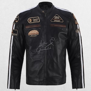 Blouson motard vintage pour homme en cuir de course avec écussons brodés rétro style moto classique Y2K mode tenue résistante