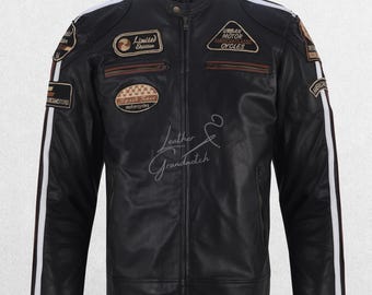 Men&#39;s Vintage Biker Racing Leather Biker Jacket with Retro Embroidered Patches Classic Motorcycle Style Y2K Fashion Heavy Duty Outfit