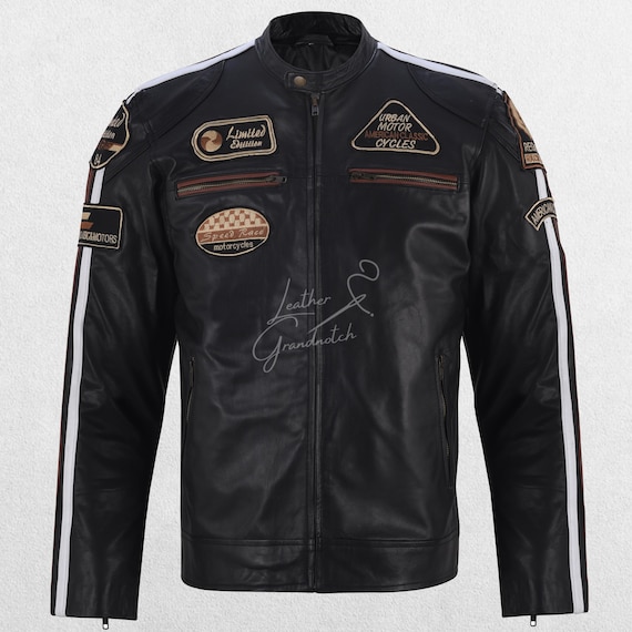 Men's Black Vintage Racing Leather Biker Jacket With Retro