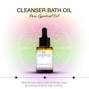 May include: A brown glass dropper bottle labeled LIFE BALANCE CLEANSER BATH OIL 100% PURE ESSENTIAL OIL. The label features a rainbow gradient. Text above reads CLEANSER BATH OIL Pure Essential Oil. Text below reads Refresh your senses.