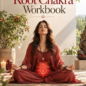 Könnte beinhalten: Ein Buch mit dem Titel Root Chakra Workbook von Dr. S Pujah. Das Cover zeigt eine Person in sitzender Meditationshaltung in einem dunkelroten Outfit. Ein leuchtendes rotes geometrisches Symbol ist über dem Unterbauch zentriert.