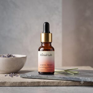 May include: An amber glass dropper bottle with a gold collar and black cap. The label reads Ritual Lab, Digital Detox, Cleanse Chakra Body Oil, 15 ml, Lavender & Lemongrass. The bottle is positioned near a small bowl of lavender and lemongrass.