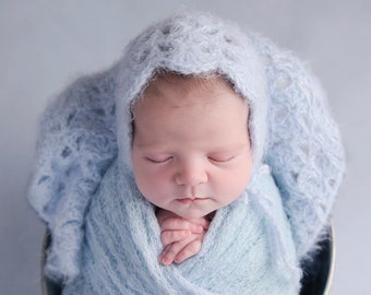Newborn Mohair Bonnet & Layering Wrap Set,  Crochet Lace Shell, Baby Photography Prop