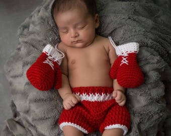Conjunto de boxeo de crochet para bebé - Guantes de boxeo y calzoncillos - Traje de boxeo para recién nacido - Conjunto de boxeo para bebé - Accesorio de fotografía para recién nacido - Disfraz de Halloween