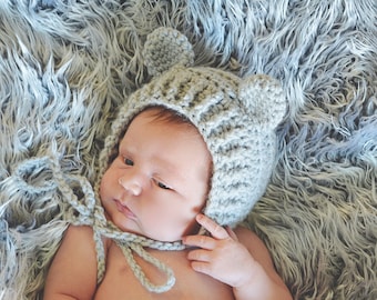 Crochet baby bear Bonnet - newborn crochet baby Bonnet - infant bear hat - Baby Bear Beanie- -animal hat - photography Prop - Boy Girl Hat