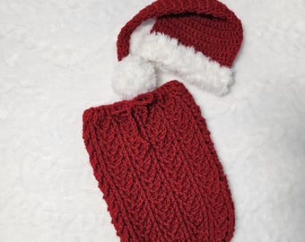 Baby Santa Hat swaddle sack set - Newborn infant - red cocoon- Christmas Hat - crochet infant wrap- Christmas Hat- children photo prop