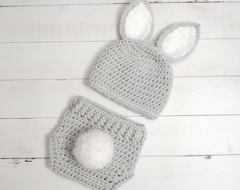 newborn Bunny outfit - Crochet baby Bunny Hat set - Baby animal hat - newborn photo prop- crochet baby set-Year of the rabbit- Easter Outfit