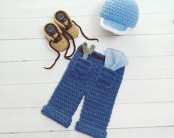 Crochet Baby Mechanic Set, Auto mechanic Outfit, repairman set, .work Boots, ball cap , photo prop - Halloween Costume-Baby Boy Outfit