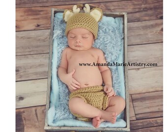 Newborn Deer Set - Crochet baby Deer Hat and diaper cover - Baby animal hat - newborn photo prop - crochet baby outfit - Halloween costume