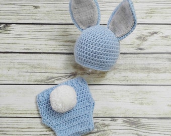 Baby Bunny Outfit - Bunny Hat Diaper Cover - Baby animal hat - newborn photo prop - crochet baby outfit - year of the rabbit - Easter Outfit