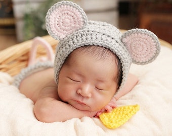 Mouse Hat - Year of Rat - Crochet Mouse Costume - Baby Hat - newborn photo prop - mouse Bonnet - crochet mouse outfit -Halloween Costume