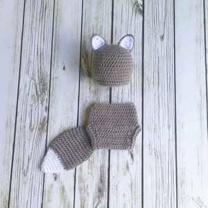 May include: A brown crocheted baby hat with white ears and a matching brown crocheted diaper cover with a tail.
