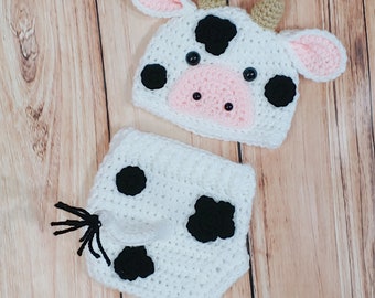 Newborn Cow Hat - Year of Ox - Crochet Cow costume -Cow outfit - Baby animal hat- newborn photo prop - Cow set- Halloween Costume