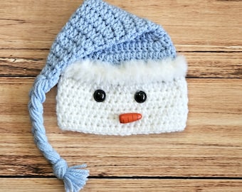 Baby Snowman Hat- Newborn Snowman Hat- Long Tail Hat- Crochet snowman Hat- Christmas Hat- Holiday Photo Prop-  infant- toddler- Snow man Hat