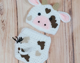 Newborn Cow outfit - Year of Ox - Crochet Cow costume -Cow outfit - Baby animal hat- newborn photo prop - Cow hat- Halloween Costume