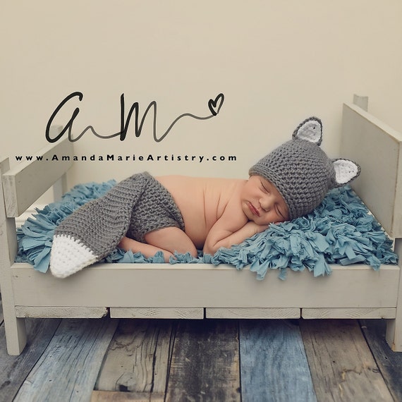 Crochet Fox Outfit – Newborn Photo Prop, Grey Animal Set