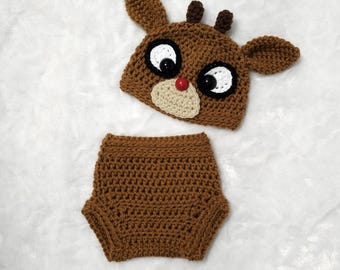 Newborn baby reindeer set , Red nosed Reindeer outfit, Christmas photo prop, Crochet Holiday beanie, costume
