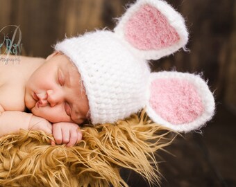 Bunny babymutsje - gehaakte hoed konijn - dieren babymutsje - pasgeboren foto prop - babykonijn outfit - jaar van het konijn - paashoed - konijntje prop