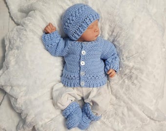 Crochet baby boy Sweater Hat Booties | Newborn Layette | Baby shower gift - | Coming Home Outfit