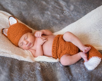 Crochet newborn Baby Fox Set , newborn photography prop