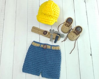 Baby Construction Set-Newborn Construction Outfit-Baby Hard hat-work boots-newborn photo prop-Utility Worker-Lineman-Halloween Costume