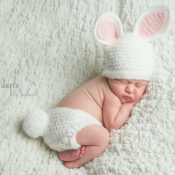 Baby Bunny outfit - Crochet Bunny Hat Diaper Cover - Baby animal hat - newborn photo prop -crochet baby set-year of the rabbit-Easter Outfit