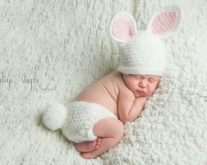 Baby Bunny outfit - Crochet Bunny Hat Diaper Cover - Baby animal hat - newborn photo prop -crochet baby set-year of the rabbit-Easter Outfit