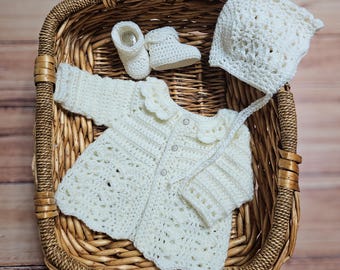 Crochet baby Sweater bonnet booties | Newborn Layette | Baby shower gift - | coming home Outfit