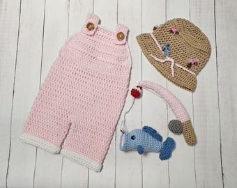 Baby Girl Fishing Outfit | Crochet Newborn Fisherman Outfit | Photo Prop | halloween costume