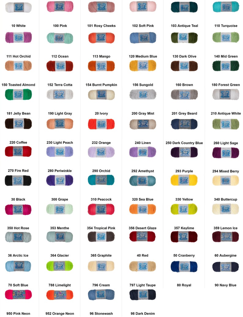 May include: A chart of 48 different colors of yarn with the color name and number for each color. The yarn is arranged in rows of six colors each.