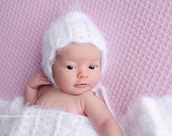Newborn  Bonnet -Baby Girl Bonnet - Mohair Layering Blanket prop - Crochet Baby Lace Shell Bonnet Hat -Newborn photography prop-shower gift