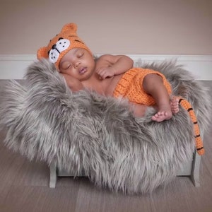 May include: A newborn baby wearing an orange and white tiger costume sleeps on a gray fluffy rug. The costume includes a hat with ears and a tail.
