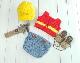 Newborn Construction Set, Baby Construction Outfit, Baby Hard hat, work boots, Safety Vest, photo prop, Utility Worker, Lineman