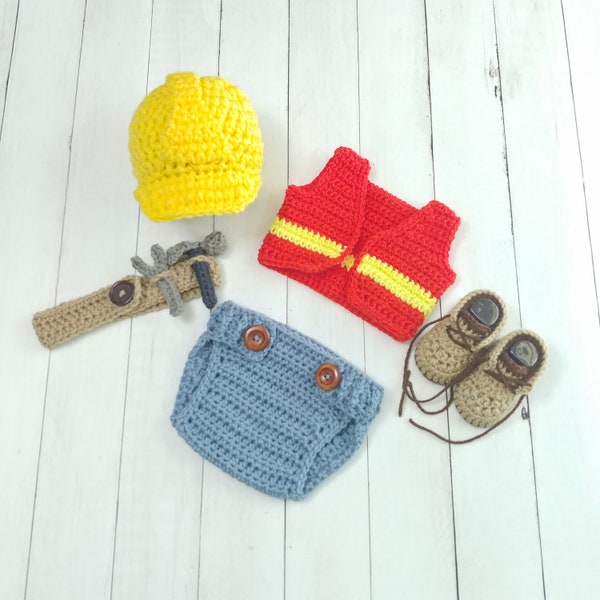 Newborn Construction Set-Baby Construction Outfit-Baby Hard hat-work boots-Safety Vest-photo prop-Utility Worker-Lineman-Halloween Costume