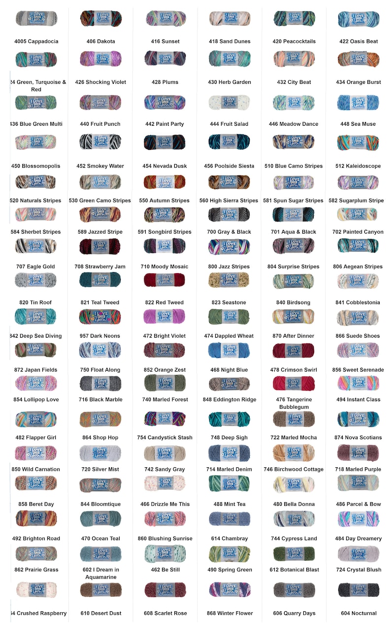 May include: A chart of yarn colors and numbers. The yarn is arranged in rows and columns, with each color having a corresponding number. The yarn is a variety of colors, including red, blue, green, yellow, orange, purple, pink, brown, black, and white.