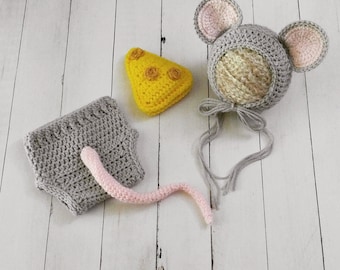 Neugeborenen Maus Hut, Jahr der Ratte, häkeln Maus Kostüm, Maus Outfit, Baby Tier Hut, Neugeborene Foto Requisite, Maus Set, Halloween Kostüm