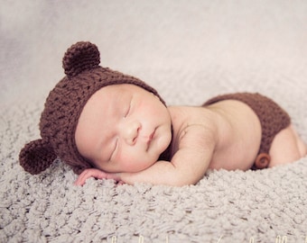 Crochet Bear Outfit, Newborn Photo Prop, Bear Bonnet